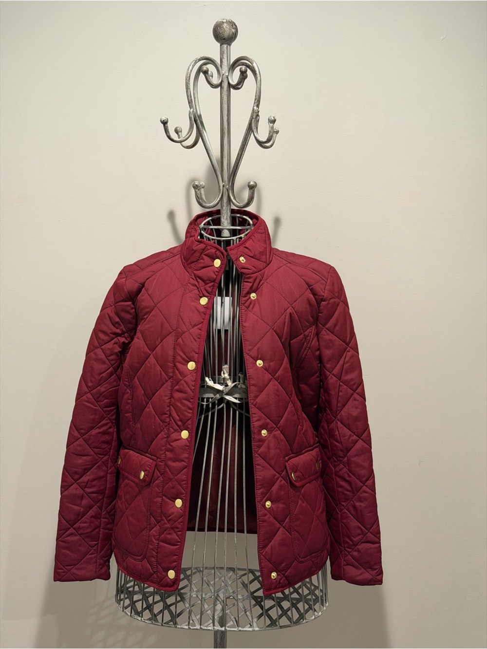 J. Crew Quilted Wine Red Puffer Jacket with Gold Snaps